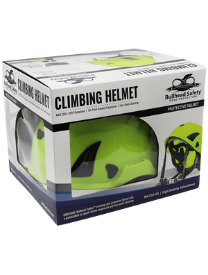Bullhead Safety™ Head Protection - High-Visibility Yellow/Green Climbing Style Protective Helmet with Six-Point Ratchet Suspension and Four-Point Chin Strap - HH-CH1-YG