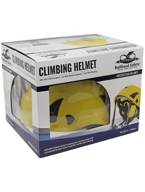 Bullhead Safety™ Head Protection - Yellow Climbing Style Protective Helmet with Six-Point Ratchet Suspension and Four-Point Chin Strap - HH-CH1-Y