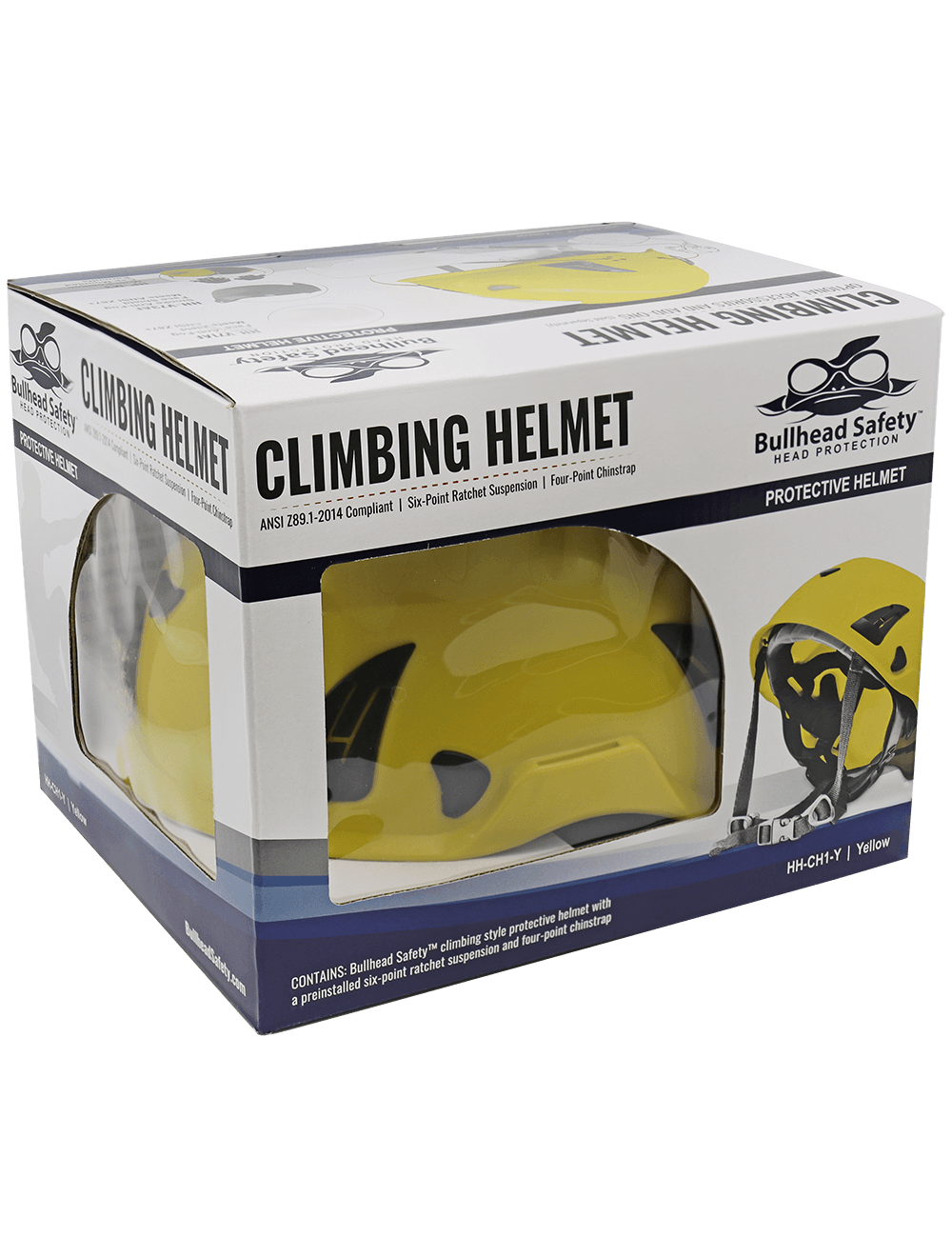 Bullhead Safety™ Head Protection - Yellow Climbing Style Protective Helmet with Six-Point Ratchet Suspension and Four-Point Chin Strap - HH-CH1-Y